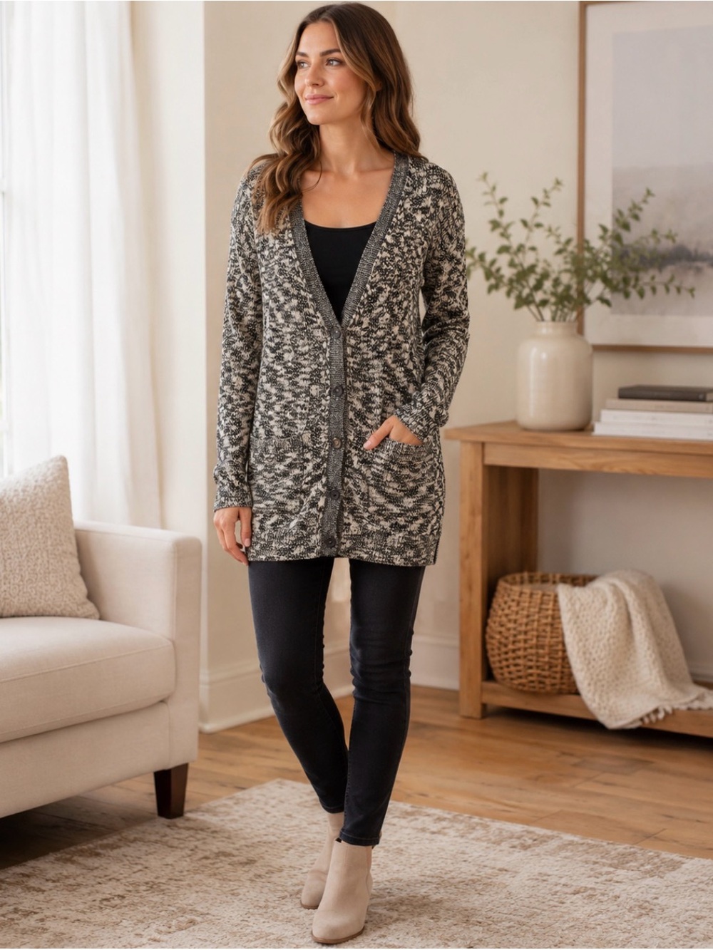 Mudd Black White Marled Button Front Cardigan Size L